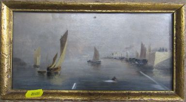 A 19th century English School, oil on panel, harbour scene, 5ins x 10ins