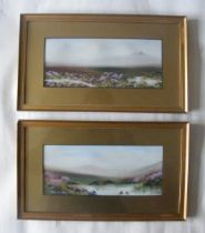 Hayter, oil on paper, pair of Highland landscapes with heather, 30cm x 13cm