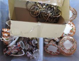 Two boxes of china, costume jewellery etc