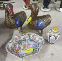 A pair of cloisonne models of ducks, together with an Oriental dish and a scent bottle