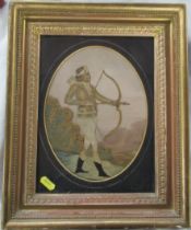 A 19th century tapestry picture, of an archer, maximum diameter 8.25ins