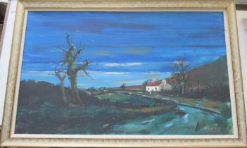 Richard A Wills, oil on canvas, landscape with cottage and trees, 21.5ins x 35.5ins