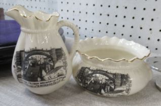 Robinson & Leadbetter, a porcelain bowl and jug, both printed with a west view of Iron Bridge over