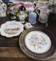 Three 19th century Sunderland lustre jugs, together with a mug, two delft busts and other porcelain