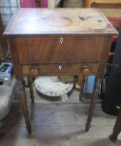 A 19th century mahogany sidetable, with hinged top and drawer, raised on turned legs, 18ins x 12.