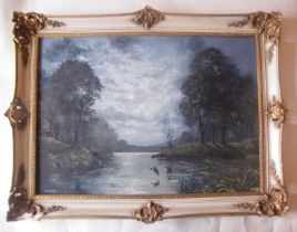 Hallard, oil on canvas, Ducks at moonlight,  69cm x 47cm