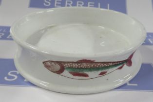 A James Willcock & Son Manchester porcelain cat bowl, printed with three fish, diameter 6ins, height