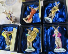 A six piece Continental porcelain rabbit band, with 5 boxes