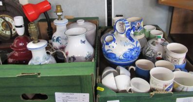 Three boxes of assorted china, mugs, cups, table lamps etc