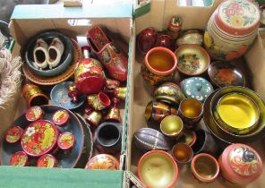 Two boxes of papier mache and tourist items, including vases, clogs etc