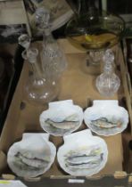 A collection of items, to include decanters, fish scallop dishes etc