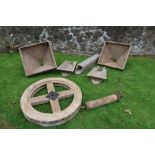 A collection of mill related accessories including flume, wheel etc