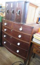 A 19th century mahogany bow front chest of drawers, together with a wooden three drawer chest