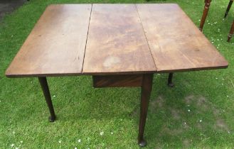 A 19th century mahogany drop leaf table, raised on pad feet, 38.5ins x 44.5ins, height 27.5ins