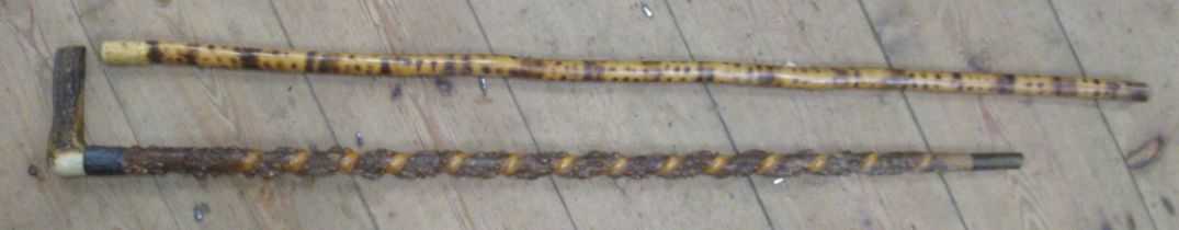 A Victorian horn handled walking stick, with silver collar, together with another stick