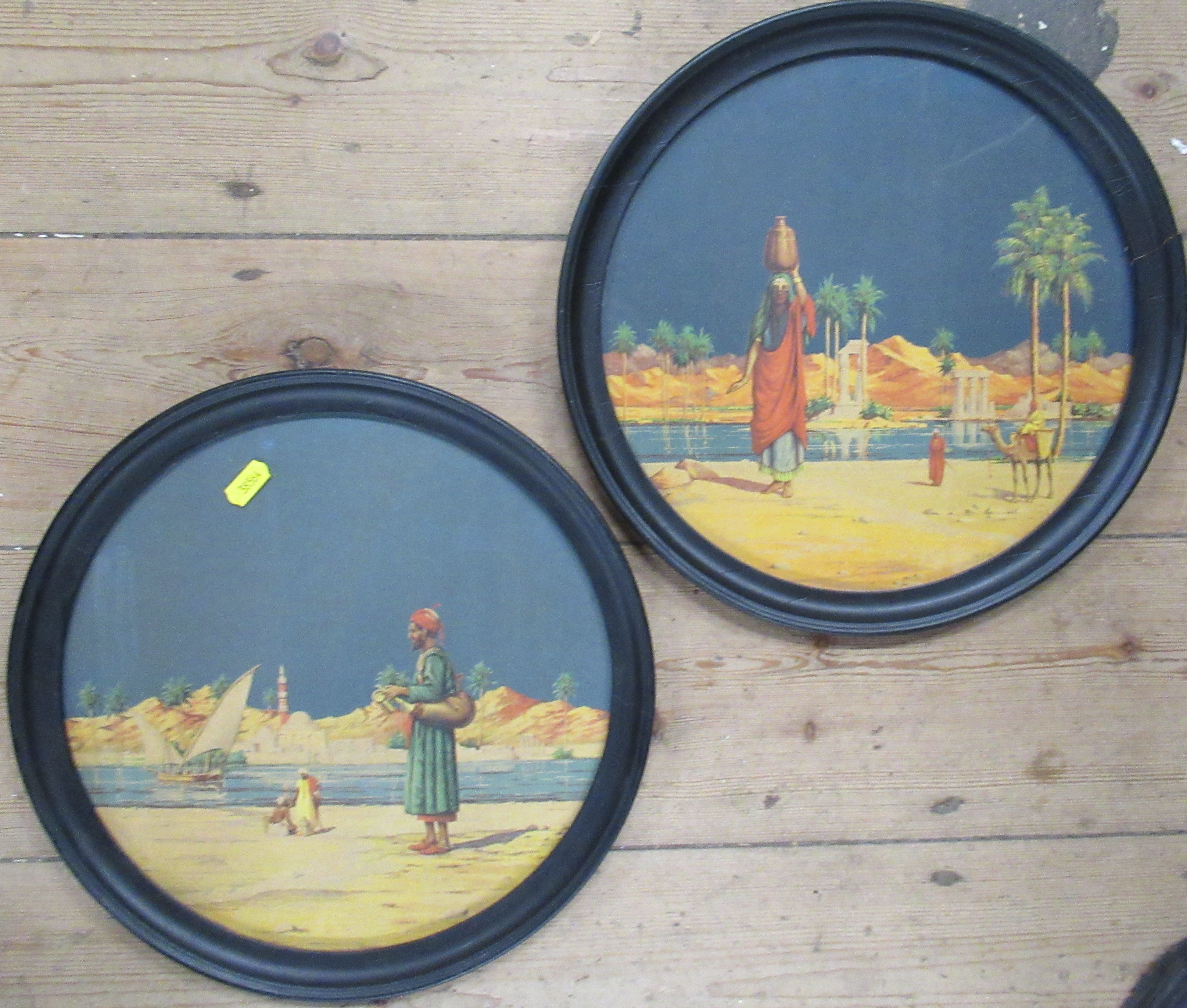 Two circular colour prints, Egyptian landscapes, diameter 11ins