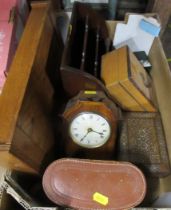 A collection of wooden boxes, a stationary rack and a mantel clock