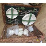 A Harrods picnic hamper, with china plated and silver plated Kings pattern cutlery