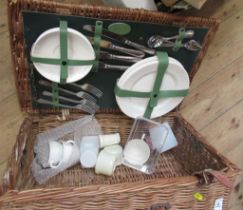 A Harrods picnic hamper, with china plated and silver plated Kings pattern cutlery