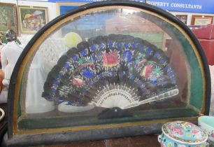 A framed bone fan, with painted feather decoration