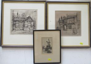 Frank Greenwood, two black and white etchings, Manchester, 8ins x 8.5ins, together with Gertrude