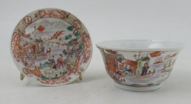 A Chinese porcelain bowl and a saucer, decorated with figures in landscape, diameter 4.5ins of both,