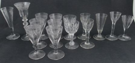 A collection of Antique and later drinking glasses, to include a set of six, a glass with triple