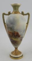 A Royal Worcester pedestal vase, decorated with Highland cattle in landscape by H Stinton, shape