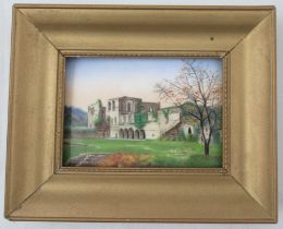 A gilt framed miniature enamel picture of Barrow in Furness Abby