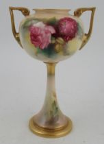A Royal Worcester pedestal vase, the body and trumpet pedestal decorated with roses, shape number