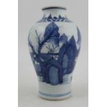 A Chinese 20th century blue and white Meiping style vase, with landscape decoration, height 7.
