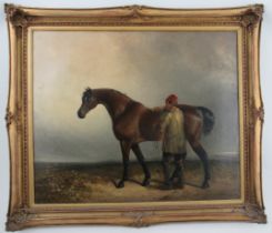 James Hardy, oil on canvas, figures with a bay horse in landscpe, 19.5ins x 24ins