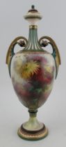 A Hadleys Worcester covered pedestal vase, decorated flowers by J W Sedgley, height 14.75ins