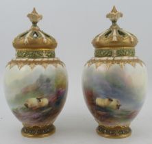 A pair of Royal Worcester Crown Top pot pourri, decorated with sheep in a landscape by Harry