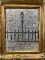 In the manner of Lowry, oil on board, a street light and fencing monogrammed L S Lowry, various