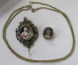 A gilt metal pendant, the centre with enamel portrait, with scroll frame, the reverse with glazed