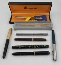 A collection of nine fountain pens, to include a boxed Waterman Ideal, Mentmore, Swan, Parker