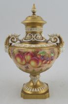 A Royal Worcester pedestal covered vase, decorated all round with fruit to a mossy background by