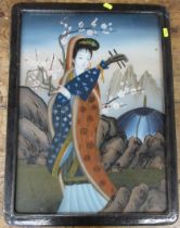 A Chinese reverse painting on glass, of a lady, 21ins x 15ins