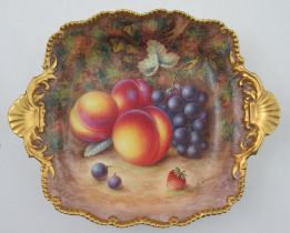 A Royal Worcester square dish, decorated with fruit to a mossy background by H Aryton, with gilt