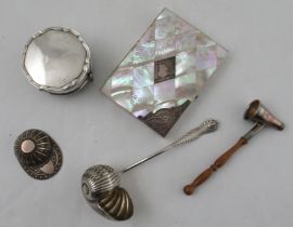 A Victorian mother of pearl card case with fitted interior, together with a Victorian silver shell