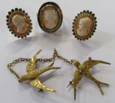 A pair of 9ct cameo earrings, together with a gold cameo set ring, weight 8g total, and a 9ct double