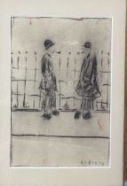 In the manner of Lowry.  A pencil sketch 2 figures by an iron fence bears signature L S Lowry and