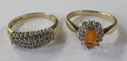 A 9ct gold ring, set with a rectangular fire opal surrounded by diamonds, together with a 9ct gold