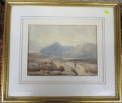 Attributed to David Cox, watercolour, figure crossing a bridge, 8ins x 11ins