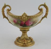 A Royal Worcester boat shaped pedestal centre piece, decorated with roses by A Lane, shape number
