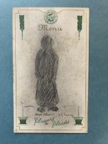 In the manner of Lowry - a pencil sketch of a figure on a players plate menu card and on a book
