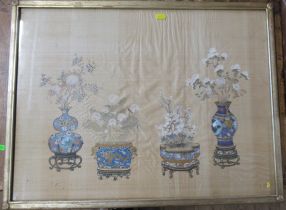 A silk picture, decorated with Chinese Cloisonne, Bonsai and flower vases, the reverse bearing