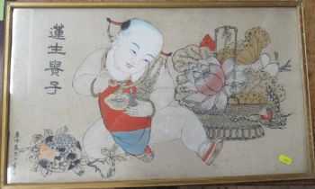 Two Chinese school portraits, of a child with basket of fruit and interior scene with figures, 14ins