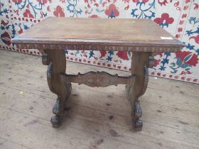 An antique oak stool having carved supports united by stretchers   16in x 21ins